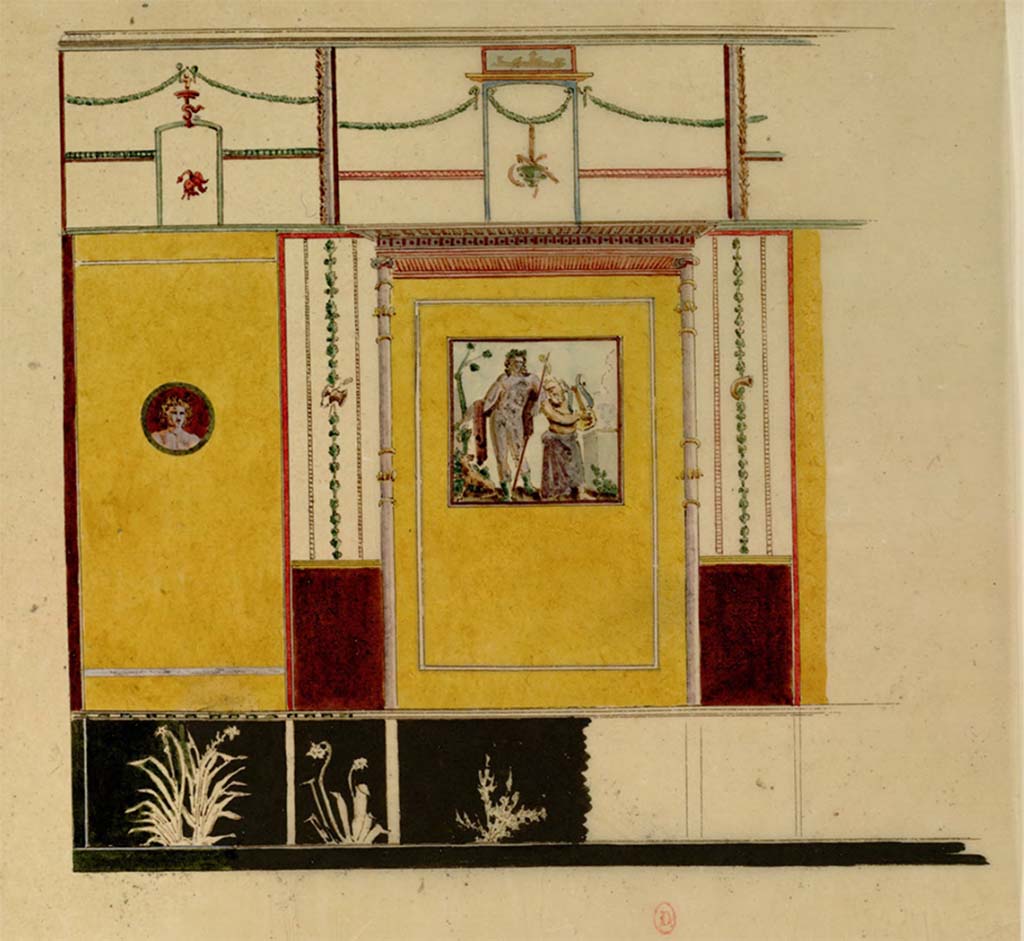 VII.7.32 Pompeii. c.1817. Watercolour sketch by Chenavard of part of wall decoration with painting of Bacchus and Silenus.
See Chenavard, Antoine-Marie (1787-1883) et al. Voyage d'Italie, croquis Tome 3, pl. 108.
INHA Identifiant numérique : NUM MS 703 (3). See Book on INHA 
Document placé sous « Licence Ouverte / Open Licence » Etalab   
