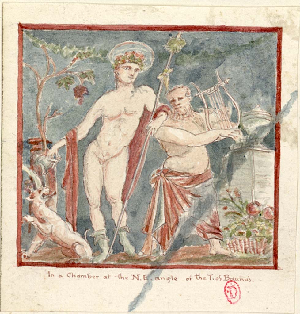 VII.7.32 Pompeii. c.1819 painting by W. Gell painting of Bacchus and Silenus, from a chamber at the N.E angle of the Temple of Bacchus.
See Gell W & Gandy, J.P: Pompeii published 1819 [Dessins publiés dans l'ouvrage de Sir William Gell et John P. Gandy, Pompeiana: the topography, edifices and ornaments of Pompei, 1817-1819], pl. 66.
See book in Bibliothèque de l'Institut National d'Histoire 