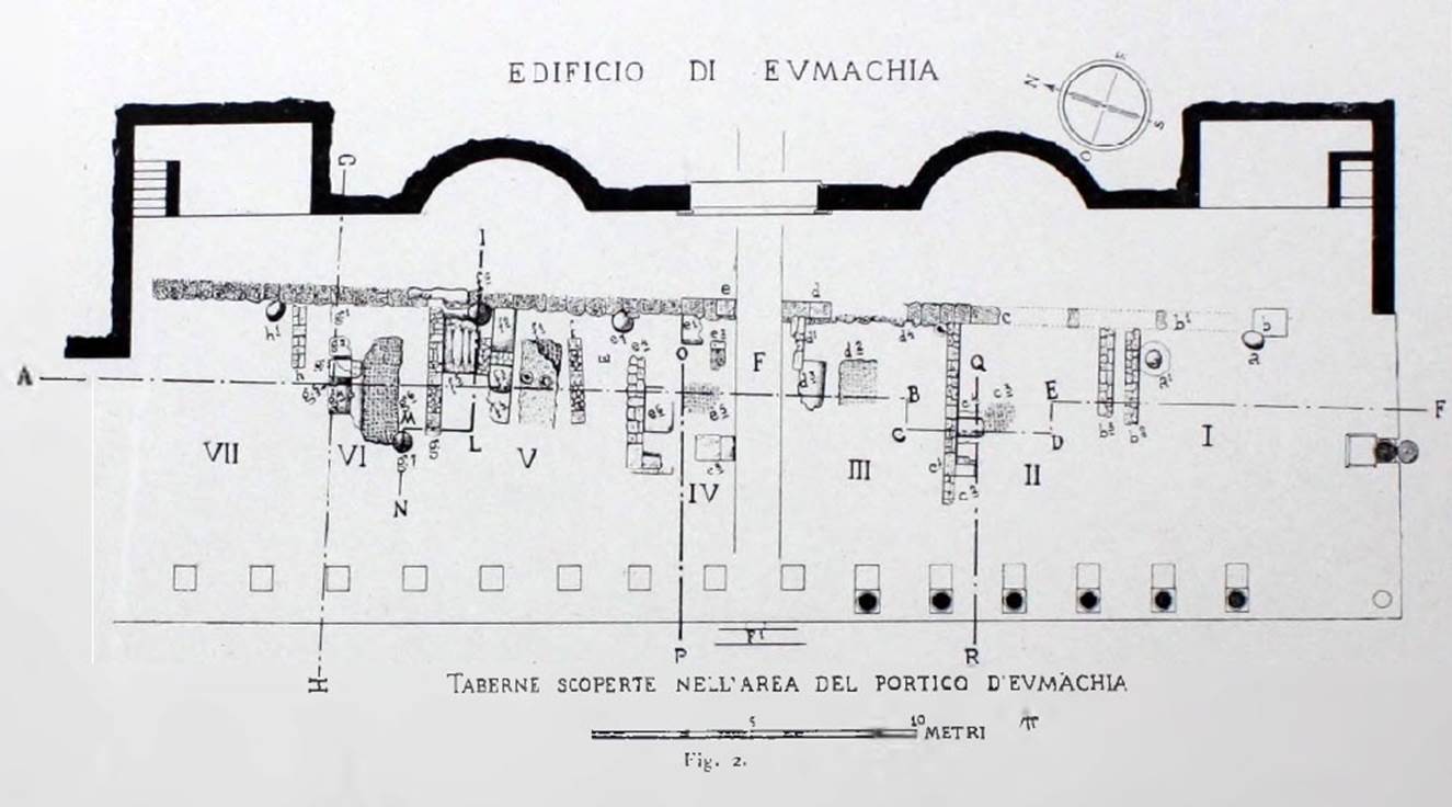 VII.8 Pompeii Forum. 1941 plan of seven Samnite shops found in the area of the chalcidicum (vestibule or portico of a public building opening on to the forum) of the Eumachia building.
See Notizie degli Scavi, 1941, p.373 for Shop I, to p.381 for Shop VII and continuing to p.386.

