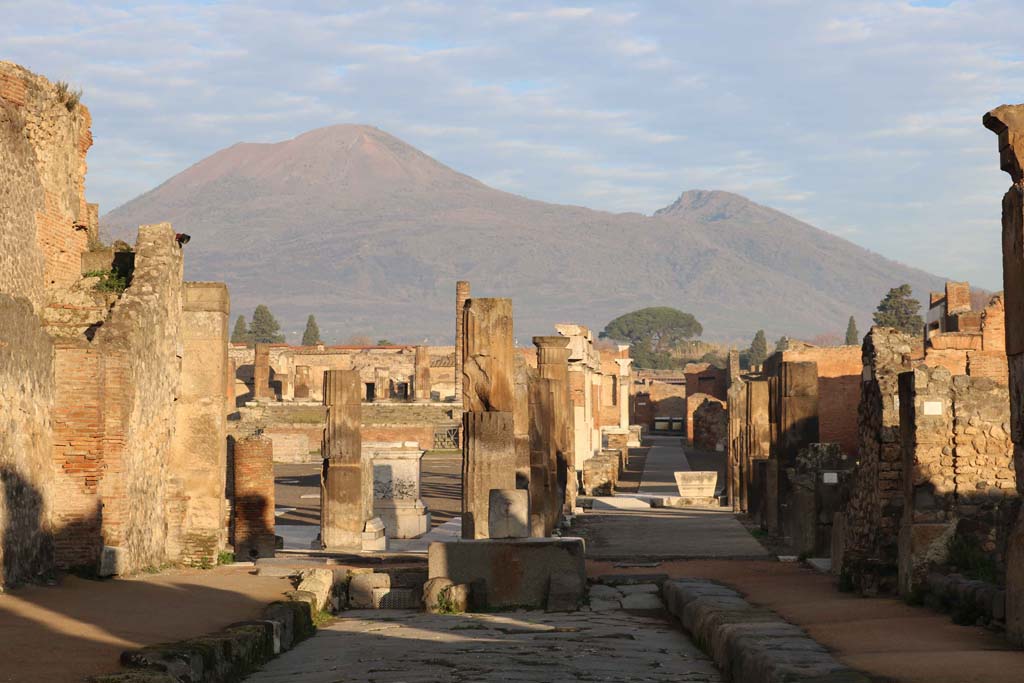 VII.8.00 Pompeii Forum. December 2018. 
Looking north from fountain in Via delle Scuole, towards east side of Forum portico in south-east corner. Photo courtesy of Aude Durand. 
