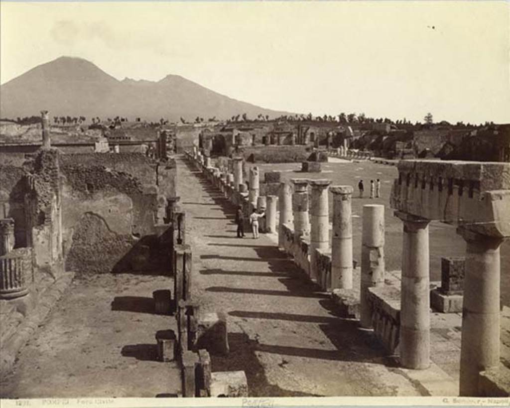 VII.8 Pompeii Forum. 19th century postcard by Sommer. Looking north along west side, from near the Basilica. Photo courtesy of Rick Bauer.