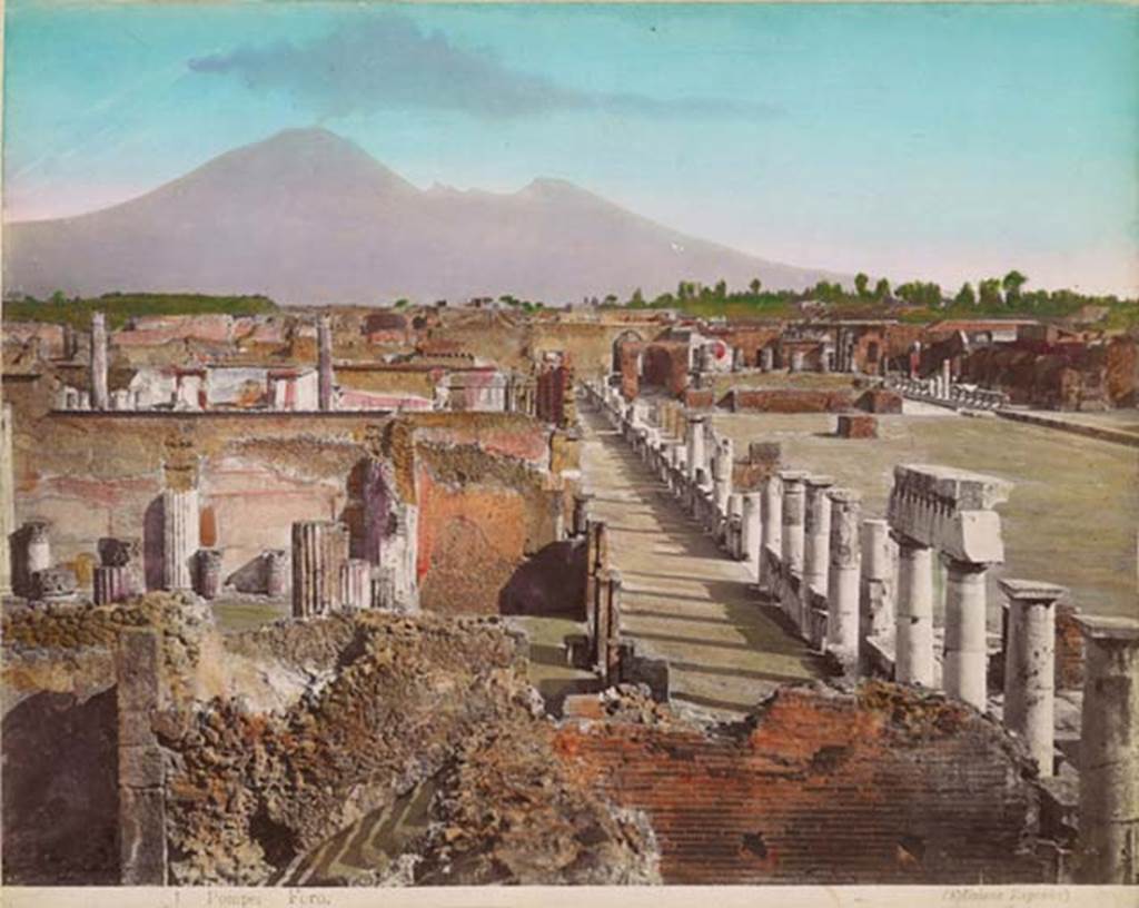 VII.8 Pompeii Forum. Coloured version of 19th century photo by Edizione Esposito, no. 1. Looking north along west side of Forum. Photo courtesy of Rick Bauer.