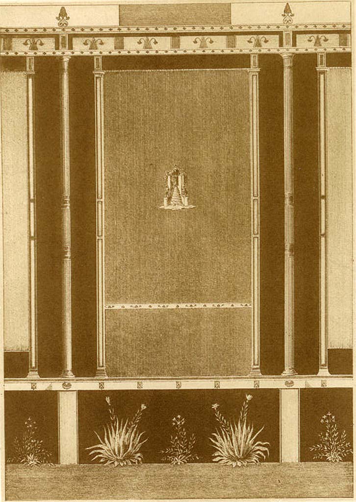 VII.9.67 Pompeii. Drawing by Gell of wall on east side of steps in Eumachia’s building (aka The Chalcidicum).
According to Gell and Gandy, the wall of the staircase is painted in black panels separated by red pilasters.
See Gell, W, 1832. Pompeiana: Vol 1. London: Jennings and Chaplin, (p.14)

