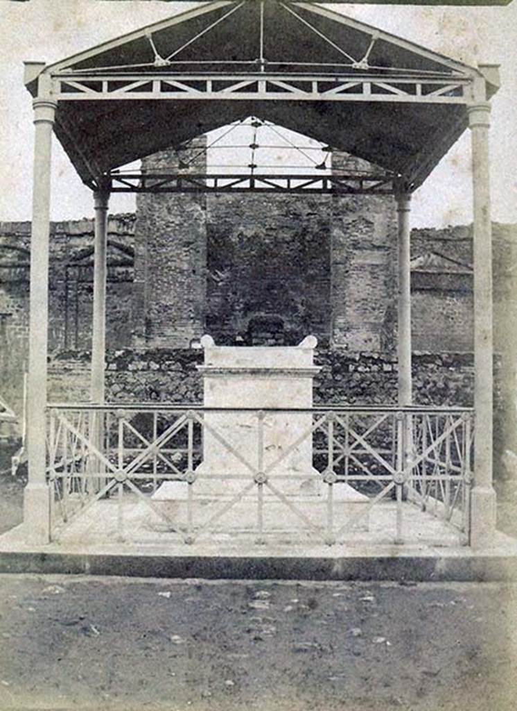 VII.9.2 Pompeii. Early 19th century? Photo of altar, cella and podium with protective roof cover over altar. 
Photo courtesy of Ross Turner.
