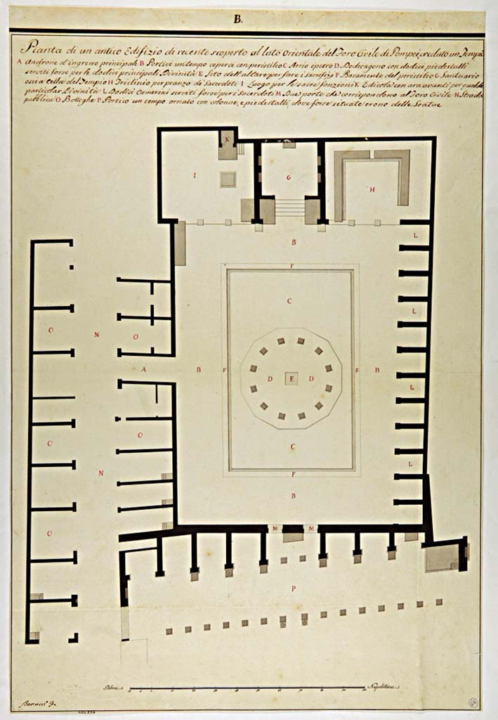 VII.9.7/8 Pompeii. Plan of Macellum with indications of the excavation reports.
See Notizie degli Scavi di Antichità, 1942, (253- 266, & Fig.1 (above) on p.254)
