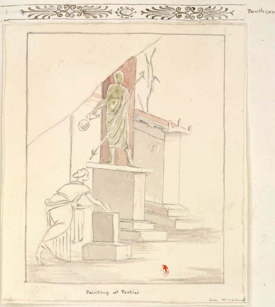 VII.9.7 and VII.9.8 Pompeii. Macellum? Between 1819 and 1832 pencil drawing by W. Gell, Adoration of statue.
At the top of the sketch he described it as “Pantheon”, but this may have meant only the line of decoration.
At the bottom it is titled "Painting at Portici". It also has the note "from Mr Westmacott".
See Gell, W. Pompeii unpublished [Dessins de l'édition de 1832 donnant le résultat des fouilles post 1819 (?)] vol II, pl. 68.
Bibliothèque de l'Institut National d'Histoire de l'Art, collections Jacques Doucet, Identifiant numérique Num MS180 (2).
See book in INHA Use Etalab Licence Ouverte
