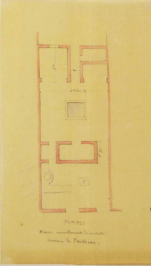 VII.9.40/41 Pompeii. Described as House newly excavated behind the Pantheon.
Undated sketch by Lesueur, showing doorway to corridor to house at VII.9.40, lower right, and doorway to shop at VII.9.41, lower centre. The upper doorway would lead into the garden area, and then VII.9.27. 
See Lesueur, Jean-Baptiste Ciceron. Voyage en Italie de Jean-Baptiste Ciceron Lesueur (1794-1883), pl. 42.
See Book on INHA reference INHA NUM PC 15469 (04)   Licence Ouverte / Open Licence  Etalab
