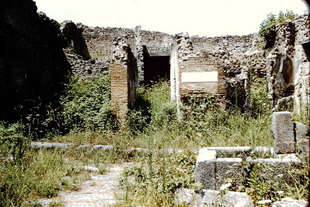 VII.12.26 Pompeii.  West wall of garden area, North Portico and doorway to Triclinium. According to Boyce, there was a Lararium painting on the west end of the North Portico done on a white background. The Genius stood in the centre, with a Lar on either side. Below them, two serpents were approaching an altar. See Boyce G. K., 1937. Corpus of the Lararia of Pompeii. Rome: MAAR 14.  (p.71, No.321).
