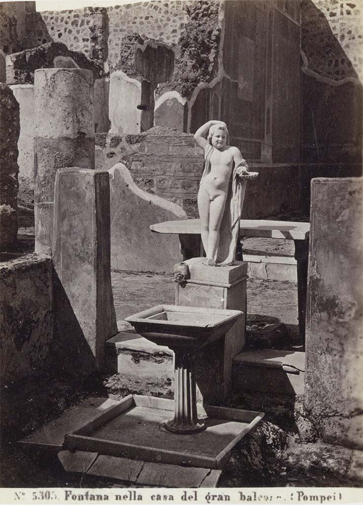 VII.12.28 Pompeii. From an album dated c.1875-1885. 
Looking north towards fountain and statue in Viridarium. Photo courtesy of Rick Bauer.

