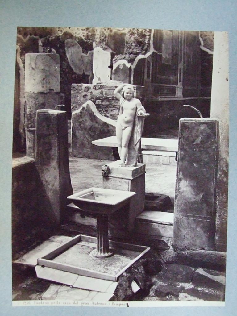 VII.12.28 Pompeii. Looking north towards fountain and statue in Viridarium. 
19th century album photo by G. Sommer, no. 5305.
