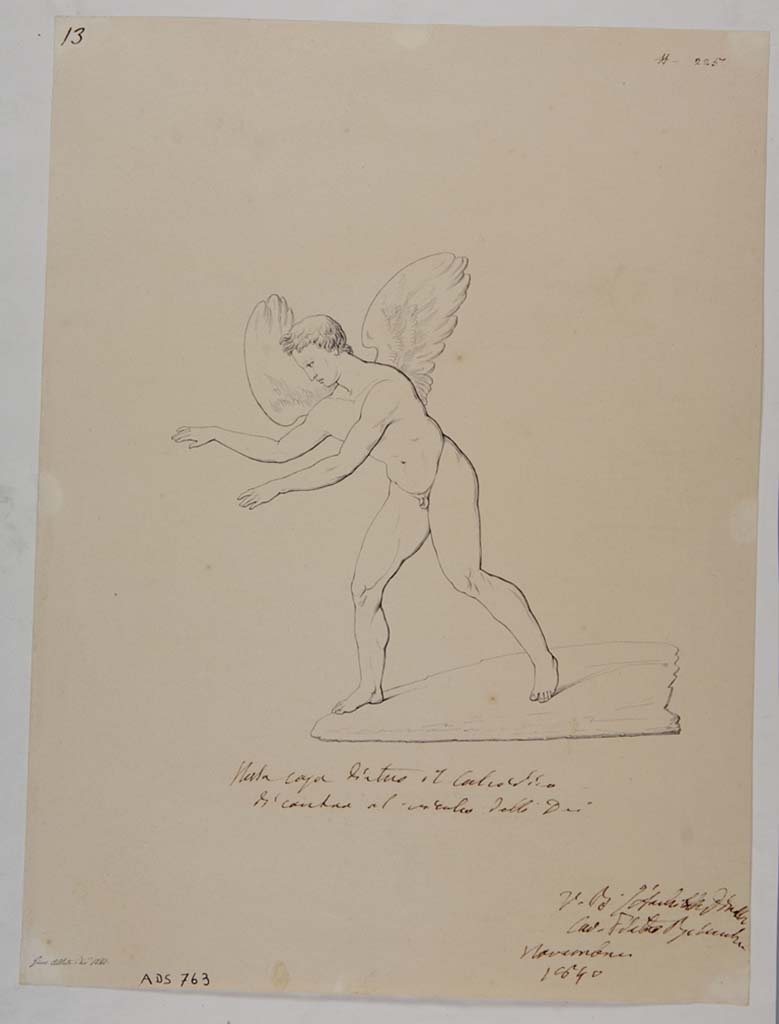 VII.13.4 Pompeii. Drawing by Giuseppe Abbate, 1840, of a painting of a cupid.
This painting has now faded and been destroyed, and it is not certain from which room it came.
According to PPM this was executed contemporaneously with the excavations and may be from cubiculum (i) the same cubiculum as ADS 753 by Abbate and a drawing from La Volpe some 20 years later. 
Now in Naples Archaeological Museum. Inventory number ADS 763.
Photo  ICCD. http://www.catalogo.beniculturali.it
Utilizzabili alle condizioni della licenza Attribuzione - Non commerciale - Condividi allo stesso modo 2.5 Italia (CC BY-NC-SA 2.5 IT)
See Carratelli, G. P., 2003. Pompei: La documentazione nell'Opera di disegnatori e pittori dei secoli XVIII e XIX. Roma: Istituto della enciclopedia italiana, p. 254, fig. 30; p. 688, fig. 141.
