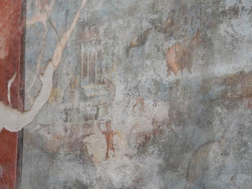 VII.16.a Pompeii. May 2015. Room 9, detail from upper part of east wall. Photo courtesy of Buzz Ferebee.
