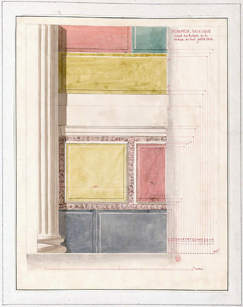 VIII.1.1 Pompeii. July 1826. Watercolour sketch by P.A. Poirot of detail of the side wall of the Tribunal.
See Poirot, P. A., 1826. Carnets de dessins de Pierre-Achille Poirot. Tome 2 : Pompeia, pl. 47.
See Book on INHA  Document placé sous « Licence Ouverte / Open Licence » Etalab 
