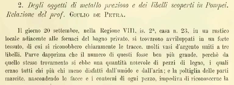 VIII.2.23 Pompeii. Regarding the wax tablets found 20th September. Notizie degli Scavi di Antichità, 1887, p. 415.
