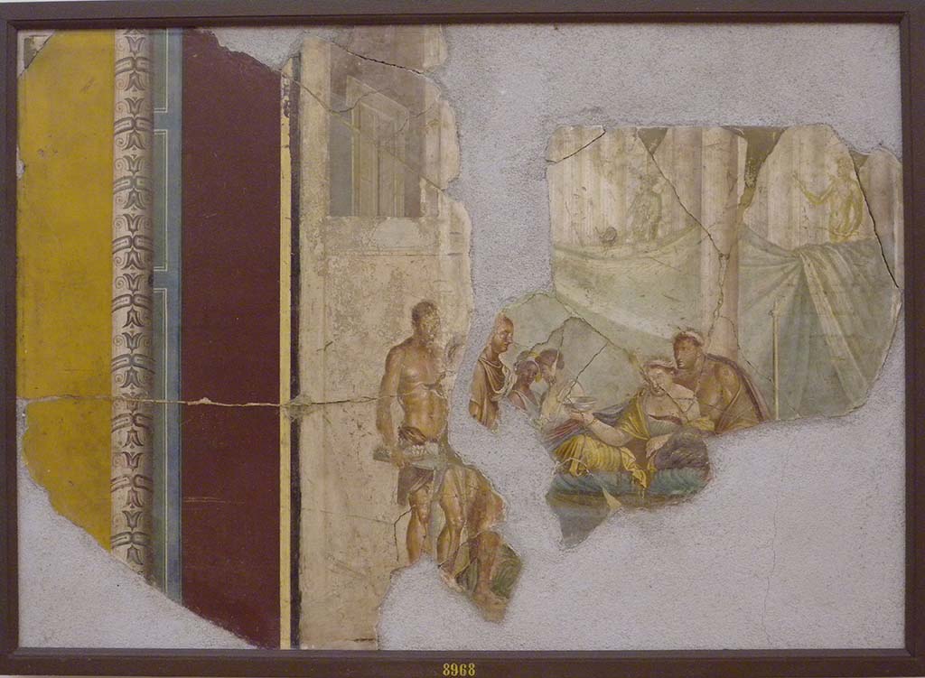 VIII.2.39 Pompeii. Found 22nd July 1769. Wall painting of banquet scene in a colonnaded room.  
Now in Naples Archaeological Museum. Inventory number 8968.
This was previously (apparently wrongly) identified as the death of Sophonisba or as Scipio and Sophonisba.
See Real Museo Borbonico, Vol. 1, Ta XXXIV.
See Helbig, W., 1868. Wandgemälde der vom Vesuv verschütteten Städte Campaniens. Leipzig: Breitkopf und Härtel. (1385)

