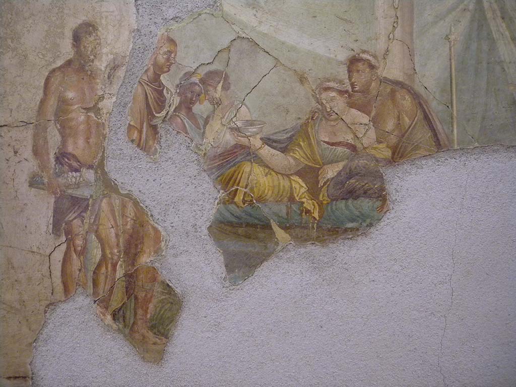 VIII.2.39 Pompeii. Found 22nd July 1769. Detail of figures in wall painting of banquet scene.
Now in Naples Archaeological Museum. Inventory number 8968.
