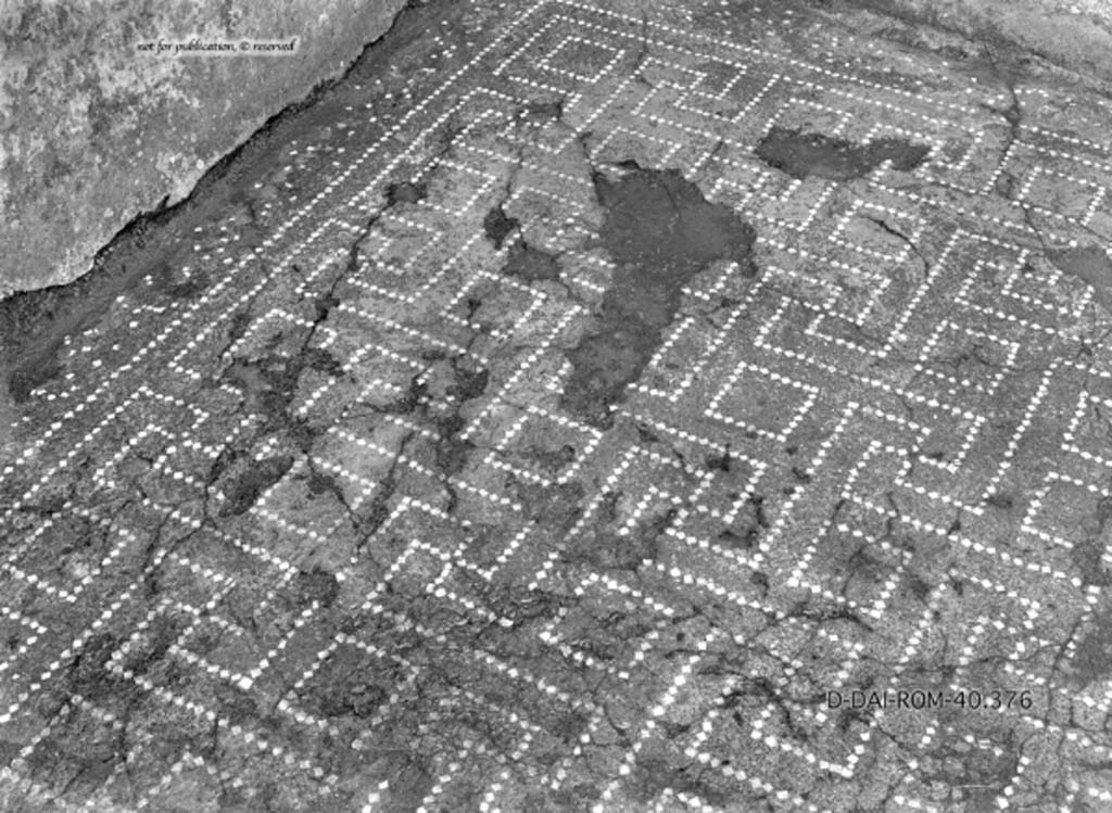 VIII.2.39 Pompeii. c.1930. According to Pernice, this photograph of the flooring is from Cubiculum “f”.
According to PPM, the photograph is from Cubiculum l (L).
Flooring in cocciopesto, in the border are flakes of tesserae, in the “carpet” is a net of meanders and squares with a central black dot.
DAIR 40.376. Photo © Deutsches Archäologisches Institut, Abteilung Rom, Arkiv.
See Pernice, E.  1938. Pavimente und Figürliche Mosaiken: Die Hellenistische Kunst in Pompeji, Band VI. Berlin: de Gruyter, (taf. 12.3)
(This certainly would seem to agree with the floor decoration and damage in the south-west corner of room l (L), so must agree that PPM is correct and Pernice erred. Thanks to Annette Haug for spotting the similarity.)

