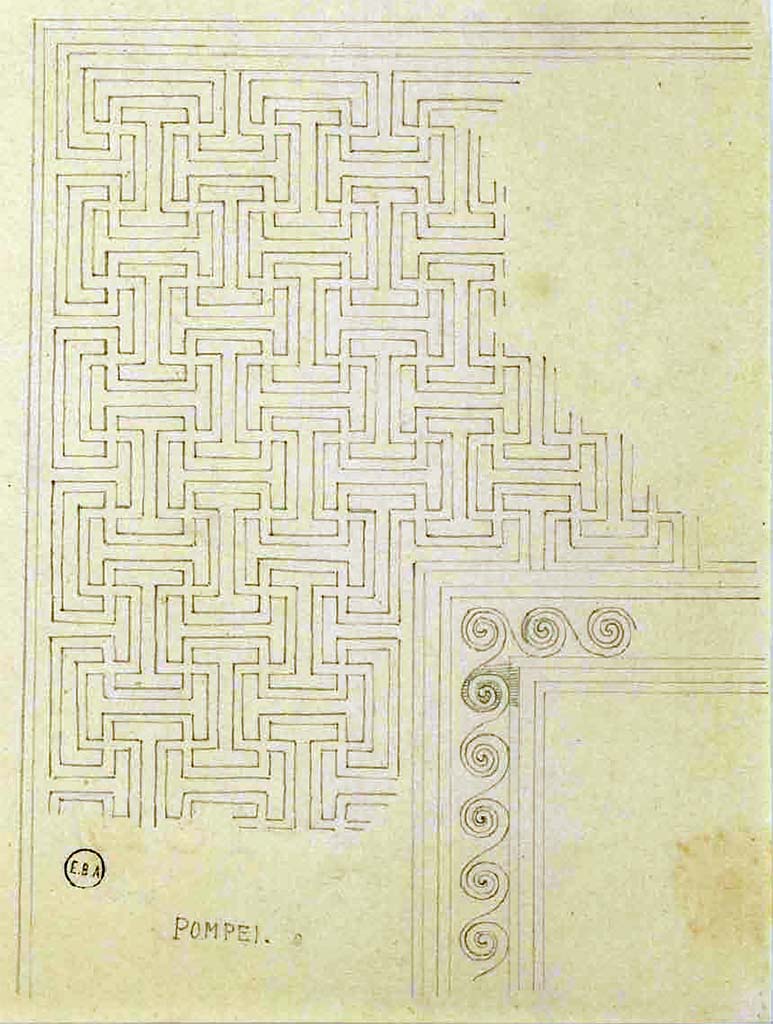 VIII.3.8 Pompeii. Drawing by Lesueur of mosaic flooring and impluvium surround.
See Lesueur, Jean-Baptiste Cicéron. Voyage en Italie de Jean-Baptiste Cicéron Lesueur (1794-1883), pl. 40.
See Book on INHA référence INHA NUM PC 15469 (04)  « Licence Ouverte / Open Licence » Etalab
