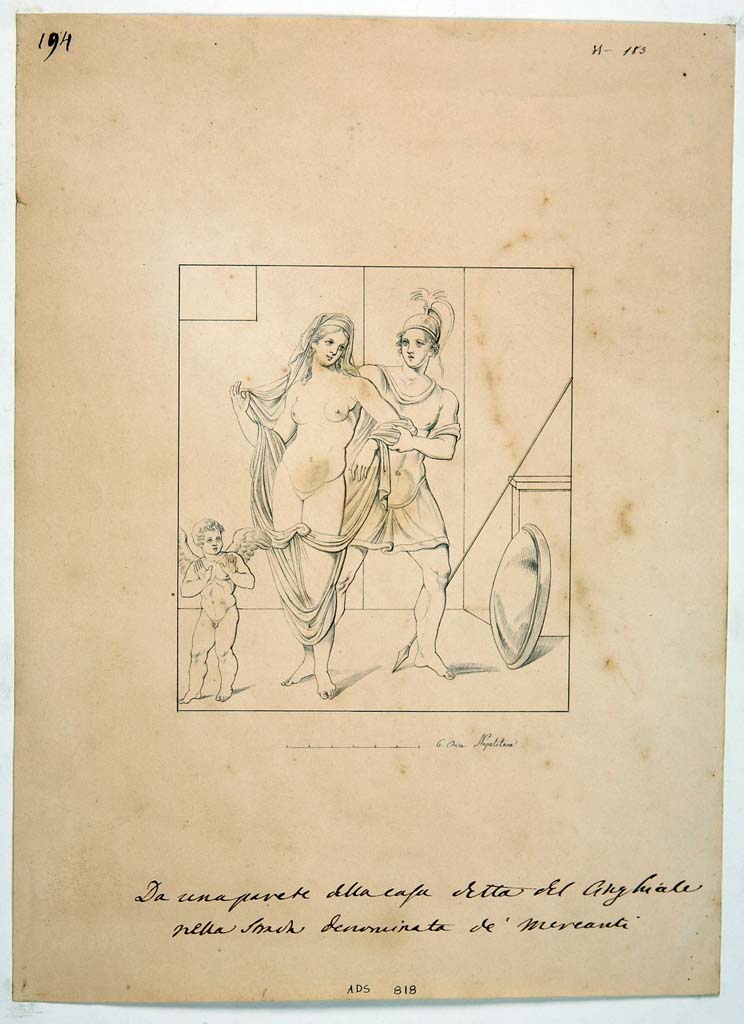 VIII.3.8 Pompeii. Second of two nearly identical drawings by Giuseppe Abbate, 1842, of painting of Mars and Venus, from tablinum.
Now in Naples Archaeological Museum. Inventory number ADS 818.
Photo © ICCD. http://www.catalogo.beniculturali.it
Utilizzabili alle condizioni della licenza Attribuzione - Non commerciale - Condividi allo stesso modo 2.5 Italia (CC BY-NC-SA 2.5 IT)

