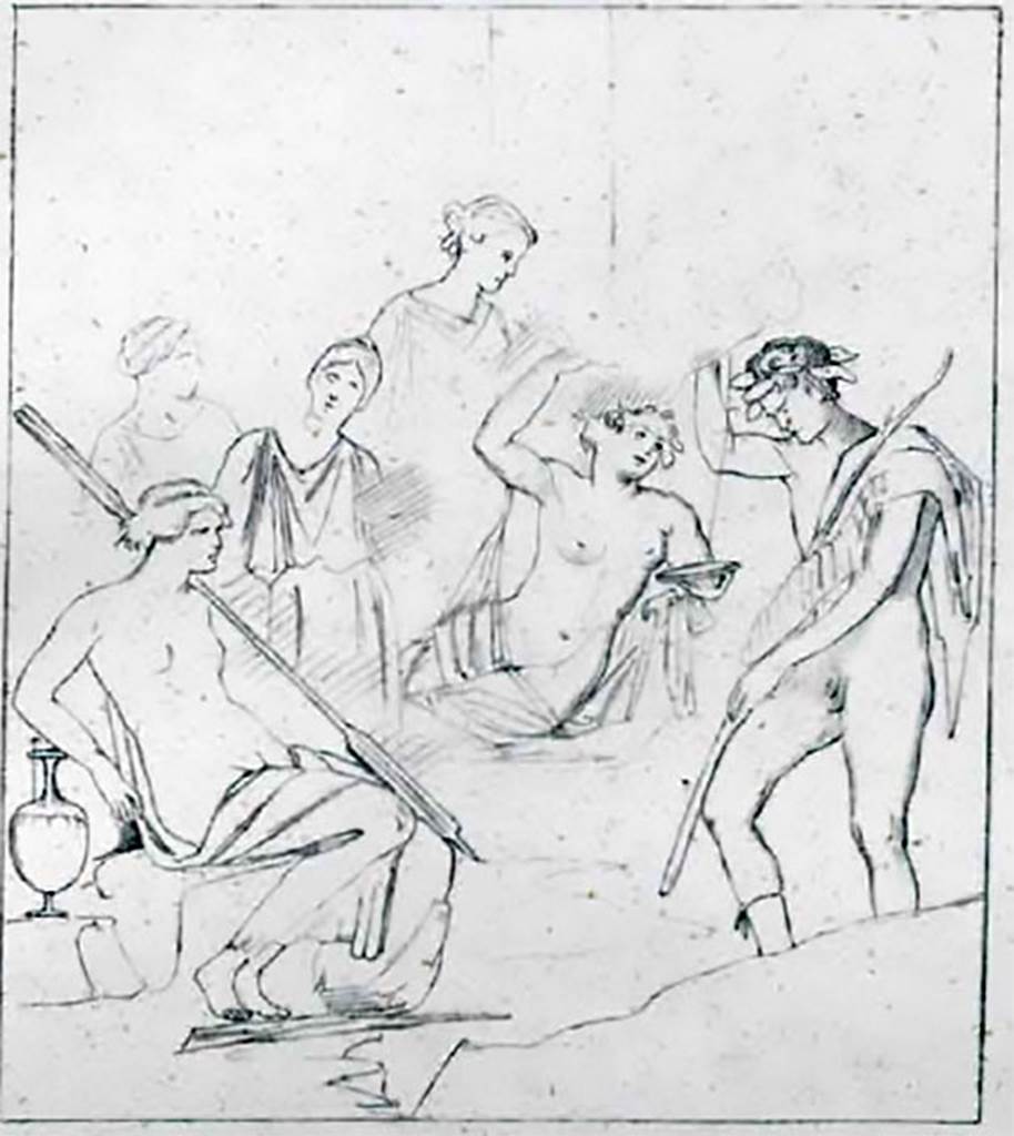 VIII.4.15 Pompeii. 1868. Room 6, tablinum. Copy by Helbig of painting of a local Sarnus Valley myth from room.
On the left a woman sits next to a hydria or water jar. On her left shoulder is a rudder.
In the middle sits a second woman and between these two women water is flowing. 
On the right stands a brown male figure with a crown of ivy.
At the rear are the faded images of three women.
See Helbig, W., 1868. Wandgemälde der vom Vesuv verschütteten Städte Campaniens. Leipzig: Breitkopf und Härtel, 1020, Taf. XII.
