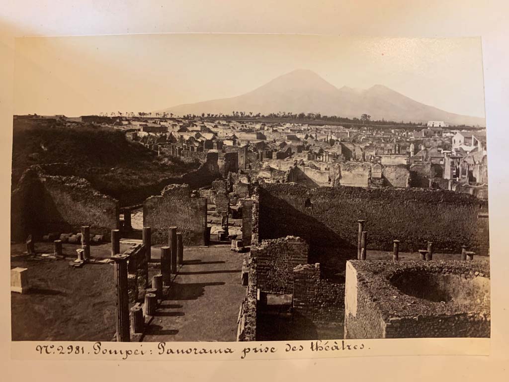 VIII.7.21 Pompeii. 
From an album of Michele Amodio dated 1874, entitled “Pompei, destroyed on 23 November 79, discovered in 1745”. 
Looking north along east side of Triangular Forum towards city, taken from the Large Theatre. Photo courtesy of Rick Bauer.


