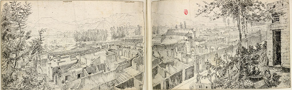 VIII.7.21 Pompeii, right of centre. C. 1819, sketch by W. Gell, looking south-west across Reg. VIII, insula 7.
See Gell W & Gandy, J.P: Pompeii published 1819 [Dessins publiés dans l'ouvrage de Sir William Gell et John P. Gandy, Pompeiana: the topography, edifices and ornaments of Pompei, 1817-1819], pl. 39 verso and 40.
See book in Bibliothèque de l'Institut National d'Histoire de l'Art [France], collections Jacques Doucet Gell Dessins 1817-1819
Use Etalab Open Licence ou Etalab Licence Ouverte
