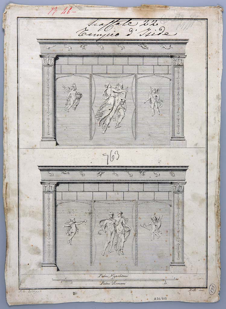VIII.7.28 Pompeii. Drawing by Francesco La Vega of Purgatorium, east and west sides showing detail of stucco. 
The upper part shows the west side with Perseus and Andromeda in the centre and with a cupid in both of the side panels.
The lower part shows the east side with Mars and Venus in the centre, with a cupid in both of the side panels.
Now in Naples Archaeological Museum. Inventory number ADS 915.
Photo © ICCD. http://www.catalogo.beniculturali.it
Utilizzabili alle condizioni della licenza Attribuzione - Non commerciale - Condividi allo stesso modo 2.5 Italia (CC BY-NC-SA 2.5 IT)
