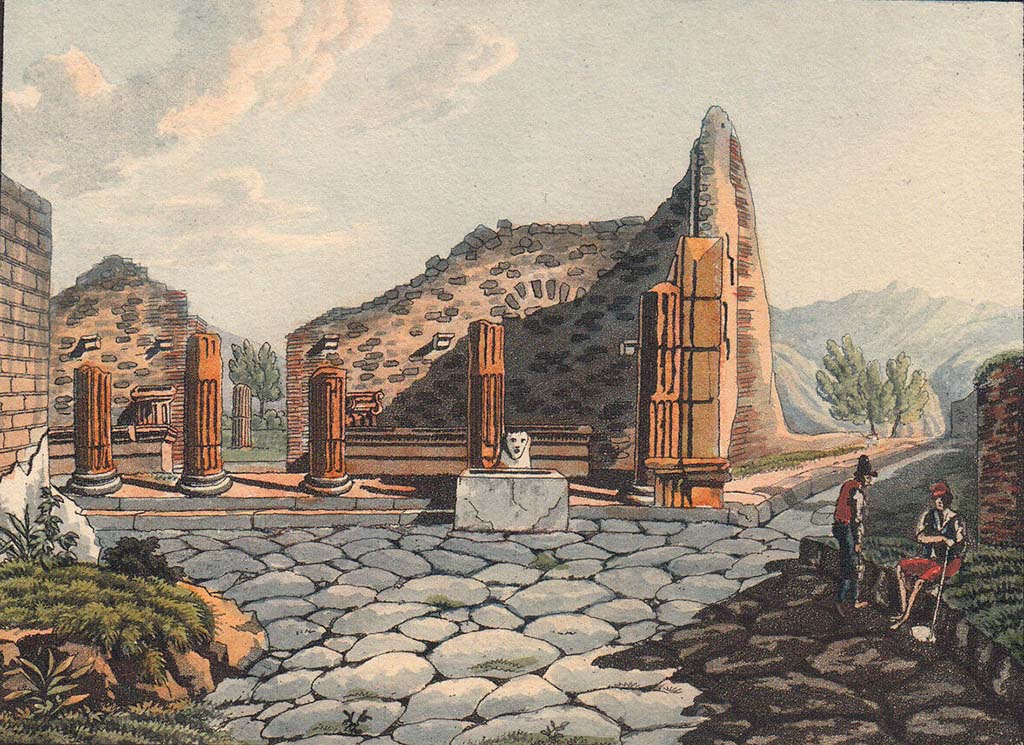 VIII.7.30 Pompeii. Pre-1824 aquatint by Jakob Wilhelm Huber, “L’Entrée du Grand Portique derrière le Théâtre”.