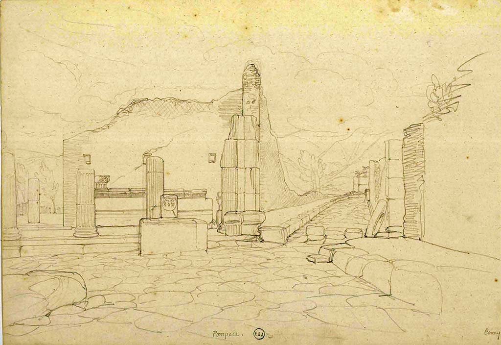 VIII.7.30 Pompeii. 1823? Sketch by Lesueur, looking south in Via dei Teatri towards entrance to Triangular Forum.
See Lesueur, Jean-Baptiste Ciceron. Voyage en Italie de Jean-Baptiste Ciceron Lesueur (1794-1883), pl. 72.
See Book on INHA reference INHA NUM PC 15469 (04)  « Licence Ouverte / Open Licence » Etalab

