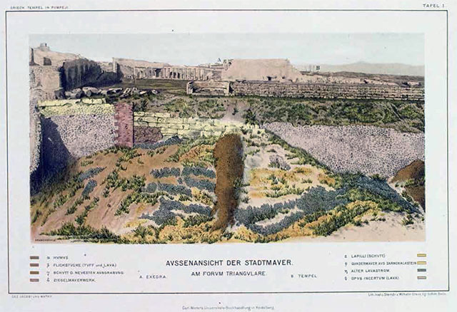 Outside the Pompeii city walls, looking at the Triangular Forum. 1890 painting showing the schola. See Von Duhn F., 1890. Der Griechische Tempel in Pompeji, Heidelberg: Carl Winters Univ., Taf. 1.