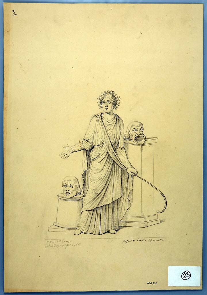 IX.1.20 Pompeii. Drawing by Nicola La Volpe, 1866, of painting of the Muse Thalia, from north wall of triclinium, but not much trace remains of the painting today.
See Helbig, W., 1868. Wandgemälde der vom Vesuv verschütteten Städte Campaniens. Leipzig: Breitkopf und Härtel, (885b).
Now in Naples Archaeological Museum. Inventory number ADS 959.
Photo © ICCD. http://www.catalogo.beniculturali.it
Utilizzabili alle condizioni della licenza Attribuzione - Non commerciale - Condividi allo stesso modo 2.5 Italia (CC BY-NC-SA 2.5 IT)
