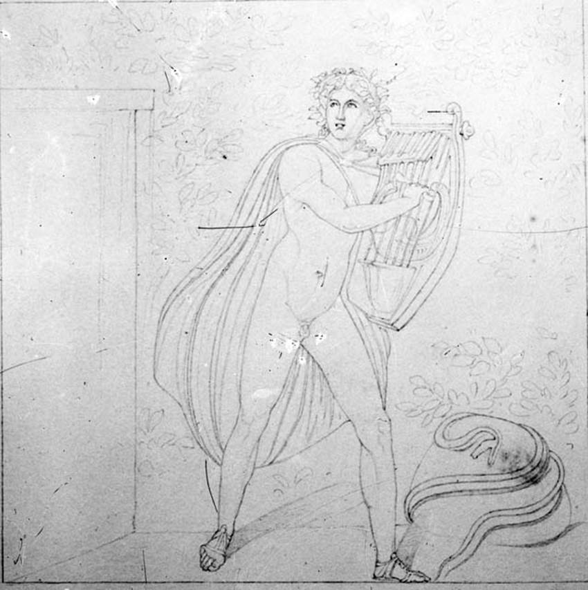 231315 Bestand-D-DAI-ROM-W.0340 Apollo
IX.1.20 Pompeii. W.340. Room 9, drawing of Apollo from panel at west end of north wall, opposite the panel of Marsyas on the south wall.
Photo by Tatiana Warscher. With kind permission of DAI Rome, whose copyright it remains. 
See http://arachne.uni-koeln.de/item/marbilderbestand/231315 
