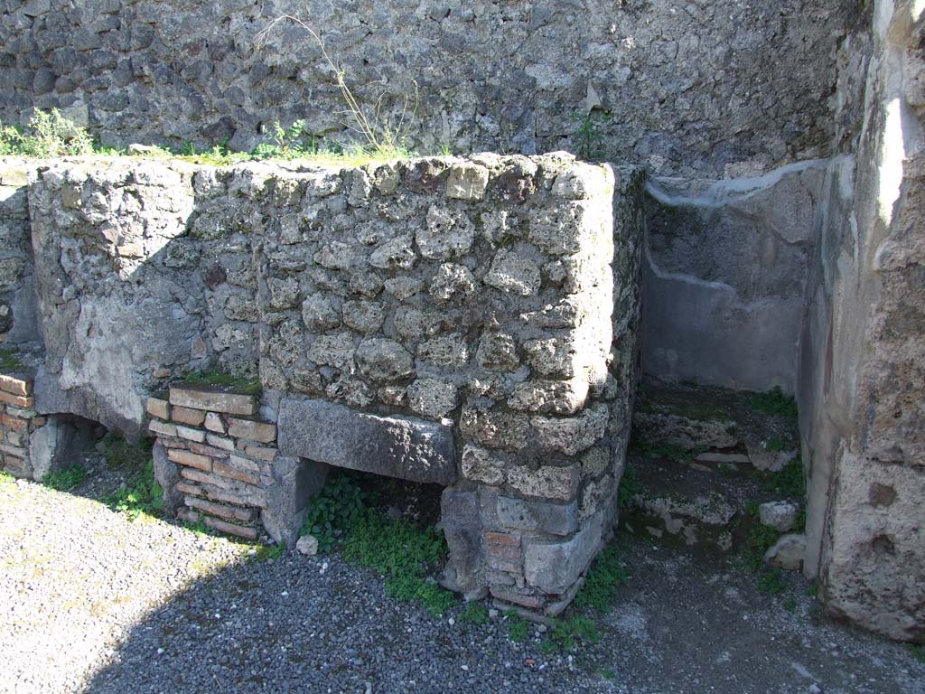 IX.3.2 Pompeii. March 2009. Access steps to three masonry boilers against south wall of former atrium.