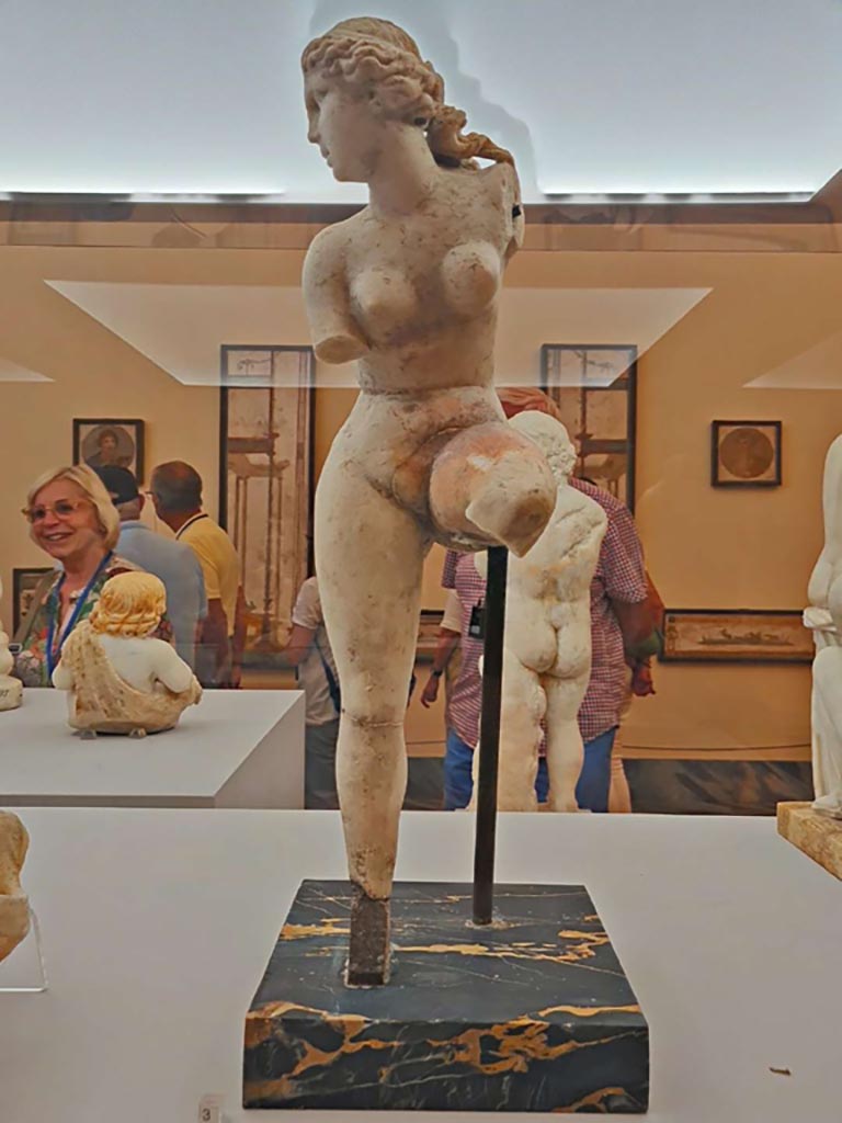 IX.3.2 Pompeii (?). October 2023. White marble statue of Venus unfastening her sandal, found 24/3/1871.
Photo courtesy of Giuseppe Ciaramella. Now in Naples Archaeological Museum, (inv. 120363).
On display in “L’altra MANN” exhibition, October 2023, at Naples Archaeological Museum.
According to D’Acunto -
The location this statue was found and described as –
“Nell’insula il cui lato meridionale confina con vicolo in prolungamento con quello di Augusto”, da identificare forse con IX.3.2”
(trans: “In the insula whose southern side borders with the vicolo in extension with that of Augustus”, to be identified perhaps with IX.3.2.)
See Marmora Pompeiana nel Museo Archeologico Nazionale di Napoli: Studi della SAP 26, (p. 200, D55).
GdS, 1871, II, Appendix, p.282.
