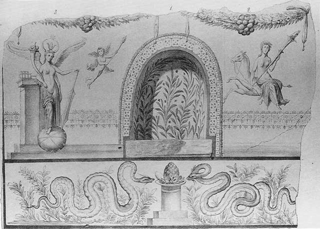 IX.3.12 Pompeii. 1872 drawing of lararium painting and niche on south wall. The niche had green and brown leaves and red flowers. On the white plaster surrounding the niche, there were paintings. On the right, Luna was sitting on a horse. On the left, Isis-Fortuna with large green wings and a crescent moon with a lotus flower in the middle of her head.
To the side of Isis-Fortuna was a cupid holding a lighted torch in both hands. Below the niche, were two large bearded and crested serpents in front of an altar with egg and pine-cone on top. See Boyce G. K., 1937. Corpus of the Lararia of Pompeii. Rome: MAAR 14. (p.83 and Pl.26,1). See Frhlich, T., 1991. Lararien und Fassadenbilder in den Vesuvstdten. Mainz: von Zabern. (L102, p. 295, Taf. 45.1). See Pappalardo, U., 2001. La Descrizione di Pompei per Giuseppe Fiorelli (1875). Napoli: Massa Editore. (p. 146). See Annali dellInstituto di Corrispondenza Archeologica (DAIR), Vol. 44, 1872, p. 35ff, Tav C.