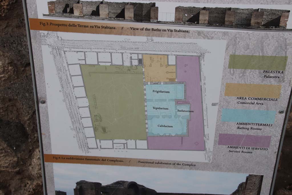 IX.4.18 Pompeii. October 2020. Plan of the Baths on information notice-board. The entrance from the Via Nola is at the top. 
Photo courtesy of Klaus Heese.

