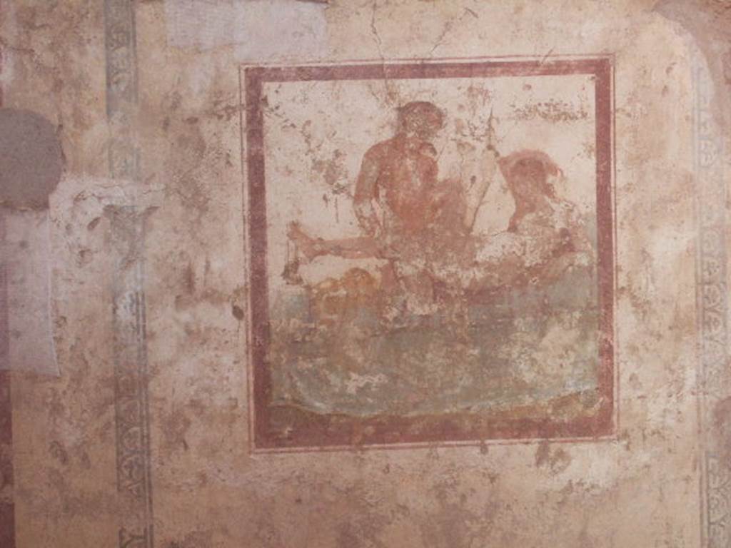 IX.5.16 Pompeii. May 2005. Wall painting in cubiculum f’, on west wall.