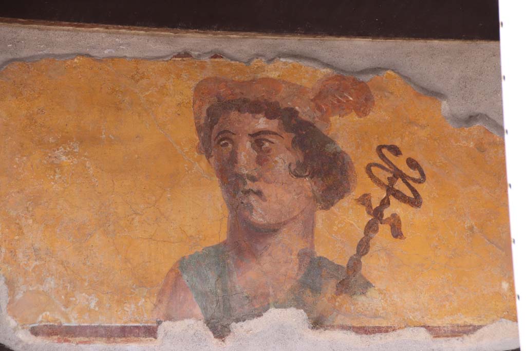 IX.7.1 Pompeii. September 2019. Painting of Mercury with a red petasos and the caduceus on his left shoulder.
Photo courtesy of Klaus Heese.
