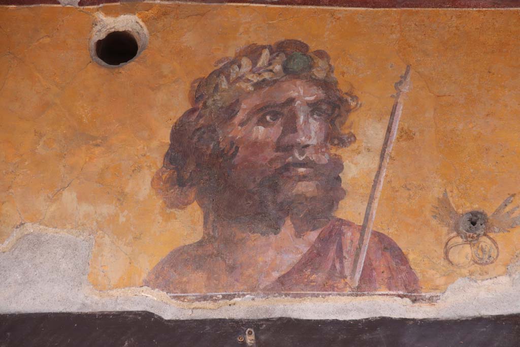 IX.7.1 Pompeii. September 2019. Painting of a bearded Jupiter with his sceptre over his left shoulder.
Photo courtesy of Klaus Heese. 
