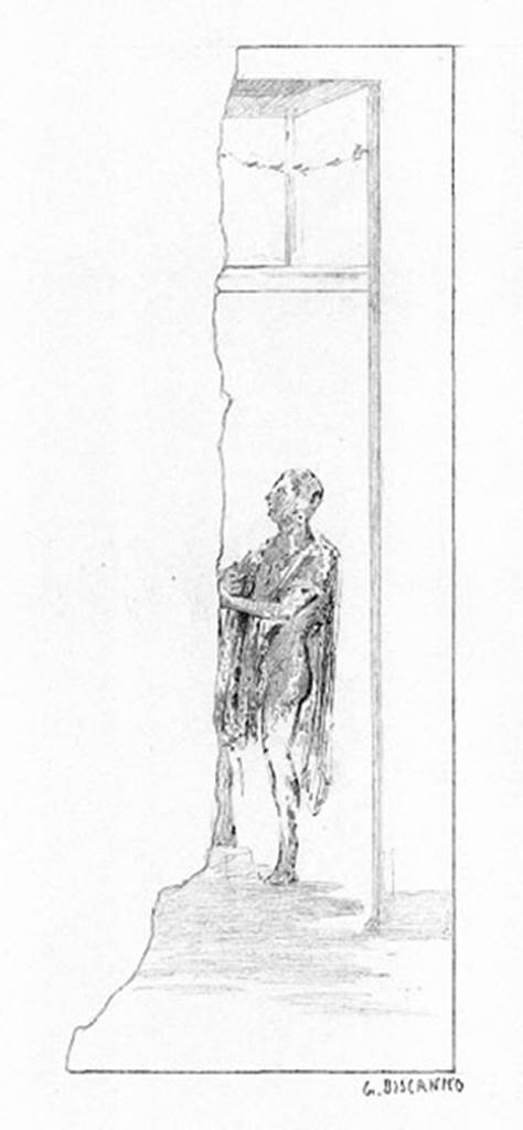 IX.7.16 Pompeii. South wall of cubiculum. 
Drawing by Discanno showing a fragment of painting from the prophecy of Cassandra.
DAIR 83,308. Photo © Deutsches Archäologisches Institut, Abteilung Rom, Arkiv. 
See http://arachne.uni-koeln.de/item/marbilder/5343206
