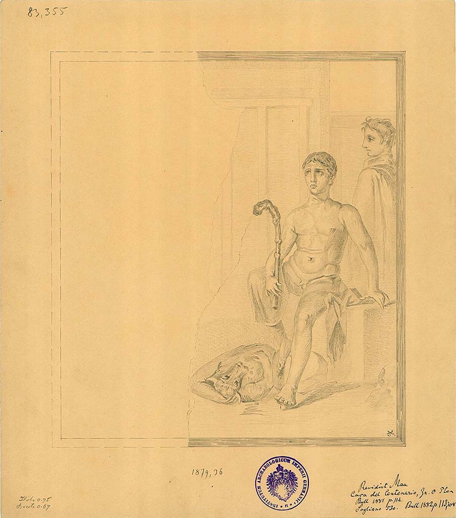 IX.8.6 Pompeii. 1879. Room 38, triclinium, north wall. Drawing by A. Sikkard of wall painting of Theseus and the Minotaur.
DAIR 83.355. Photo  Deutsches Archologisches Institut, Abteilung Rom, Arkiv.
