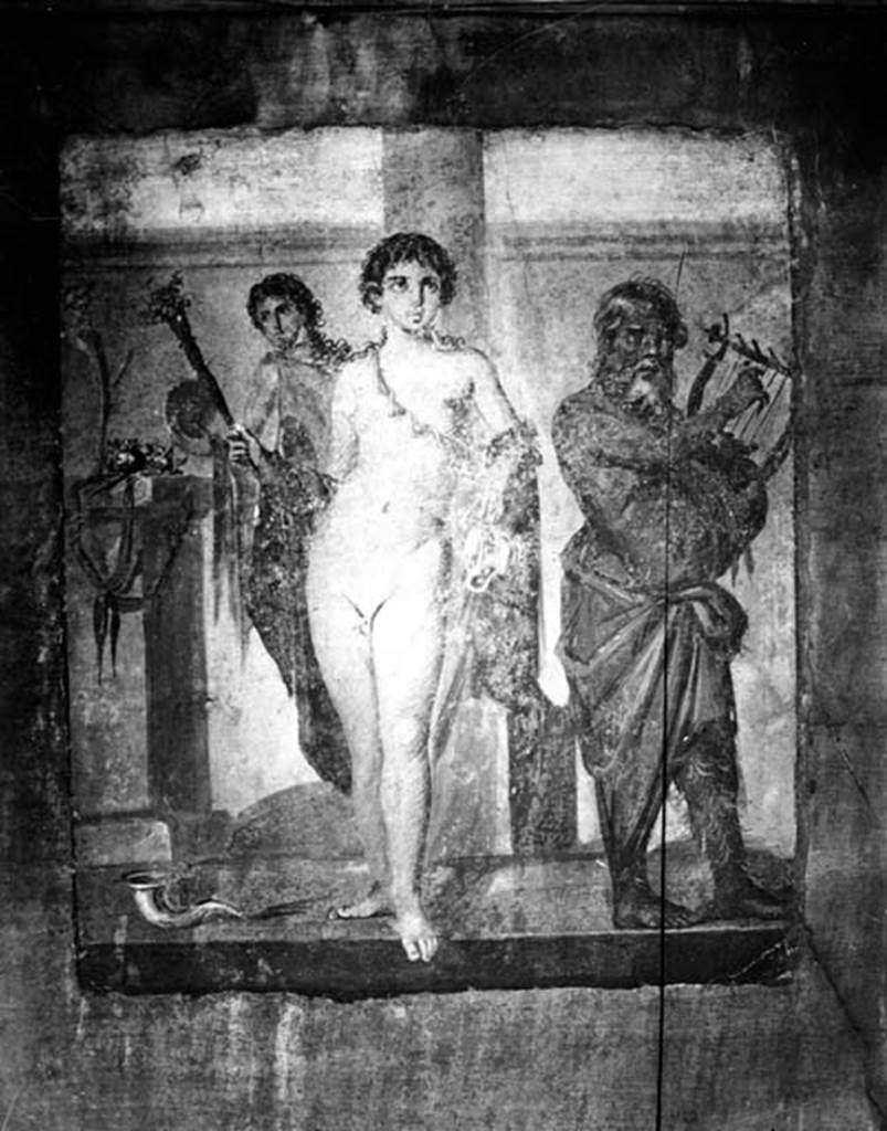 IX.8.6 Pompeii. W.1456. Room 38, east wall of triclinium with painting of Hermaphrodite, Bacchus and Silenus.
Photo by Tatiana Warscher. Photo  Deutsches Archologisches Institut, Abteilung Rom, Arkiv. 
