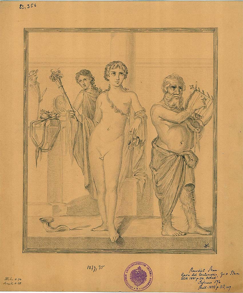 IX.8.6 Pompeii. 1879. Room 38, east wall of triclinium. Drawing by A. Sikkard of painting of Hermaphrodite, Bacchus, and Silenus.
DAIR 83.356. Photo  Deutsches Archologisches Institut, Abteilung Rom, Arkiv. 

