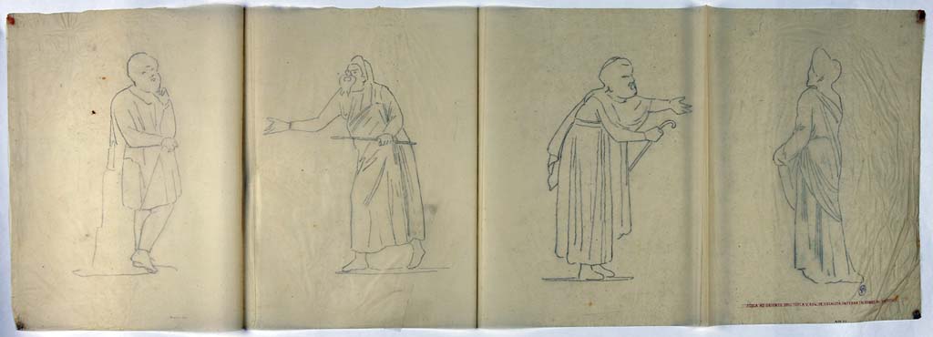 IX.8.6 Pompeii. Drawing by Geremia Discanno, showing four of the painted figures of comic actors, seen on the frieze of the walls.
He drew eight of the theatrical figures, both comic and tragic actors.
Now in Naples Archaeological Museum. Inventory numbers ADS 1111D, 1111C, 1111B, and 1111A.
Photo  ICCD. http://www.catalogo.beniculturali.it
Utilizzabili alle condizioni della licenza Attribuzione - Non commerciale - Condividi allo stesso modo 2.5 Italia (CC BY-NC-SA 2.5 IT)
