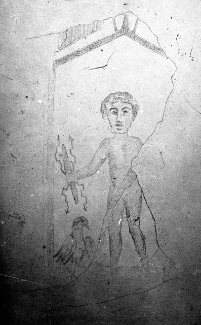 IX.8.6 Pompeii.  December 2007.  Room 38, Triclinium.  Wall painting of Iphigenia in Tauris.  Iphigenia is on the right, Pylades on the left, and Orestes sitting in the middle.
