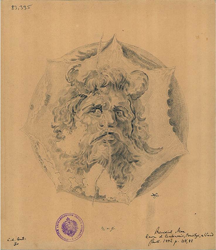IX.8.6 Pompeii. Drawing of head of Oceanus, the wind of water deities, nymphs, rivers fountains and lakes, from peristyle.
See BdI, 1882, p. 108, no.82.
DAIR 83.335. Photo  Deutsches Archologisches Institut, Abteilung Rom, Arkiv.
See http://arachne.uni-koeln.de/item/marbilderbestand/236079

