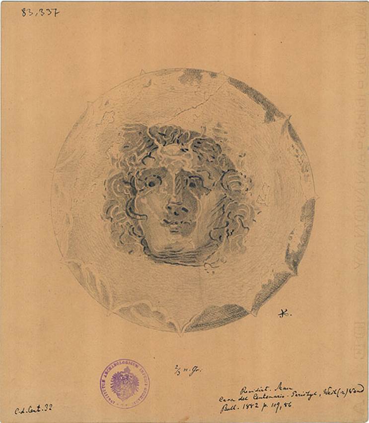 IX.8.6 Pompeii. Drawing of head of Apeliotes (Subsolanus), the south-east wind, from peristyle.
See BdI, 1882, p. 109, no.86.
DAIR 83.337. Photo  Deutsches Archologisches Institut, Abteilung Rom, Arkiv.
See http://arachne.uni-koeln.de/item/marbilderbestand/236081
