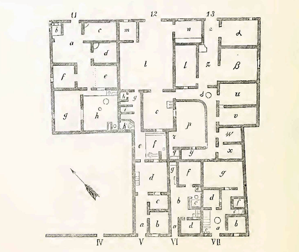 IX.9.11, 12 and 13 Pompeii. Plan of insula IX.9, as seen in Notizie degli Scavi, 1891. 
The lower numbers on the plan can be identified (on our website) as 
IV  = IX.9.d
V   = IX.9.e
VI  = IX.9.f
VII = IX.9.g
See Notizie degli Scavi di Antichit, 1891 (p.254).
