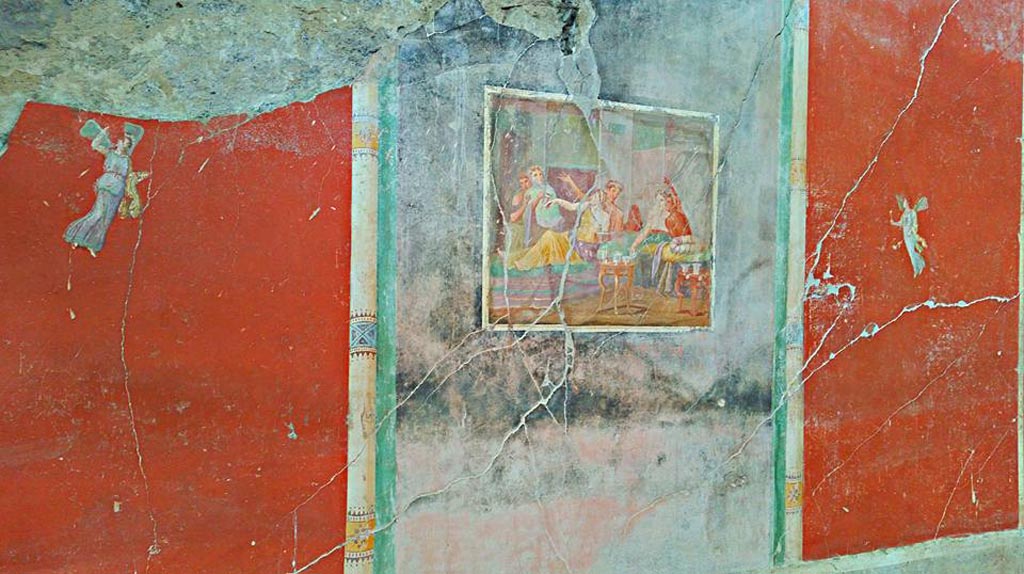 IX.12.6 Pompeii. 2016/2017. Room 3, detail of paintings on west wall. Photo courtesy of Giuseppe Ciaramella.