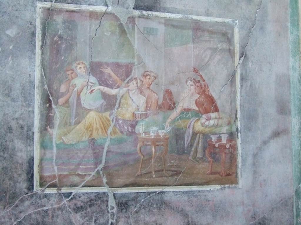 IX.12.6 Pompeii. March 2009. Room 3, west wall of triclinium. Painting of banqueting scene.